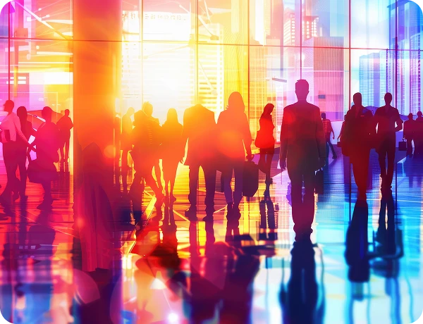 Silhouettes of people walking through a bright, glass-walled city lobby