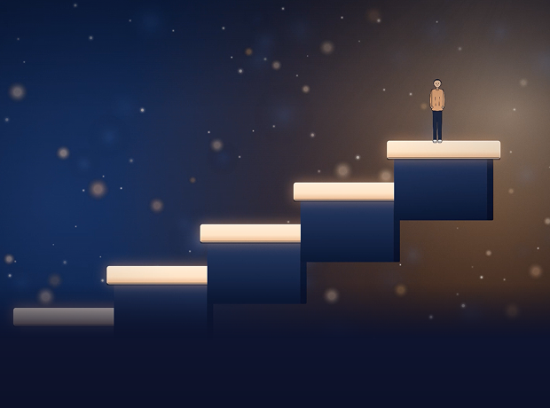 Glowing steps leading upward to a figure